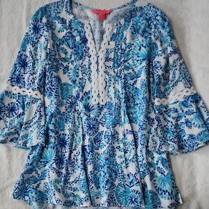 Lilly Pulitzer Womens Hallie Blue White Tunic Blouse Size XS Preowned